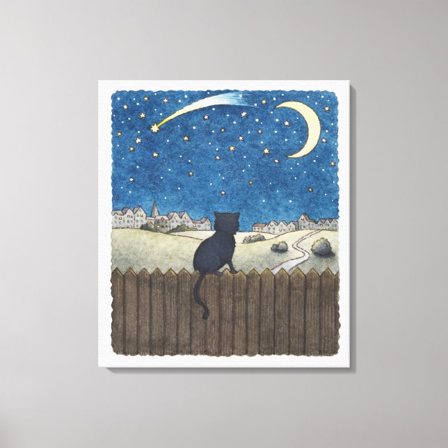 Cat on a fence looking at night sky above city canvas print (Front)