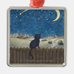 Cat on a fence looking at night sky above city metal tree decoration