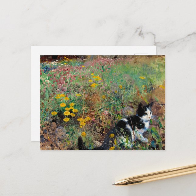 Cat on a Flowery Meadow by Bruno Liljefors Holiday Postcard (Front/Back In Situ)