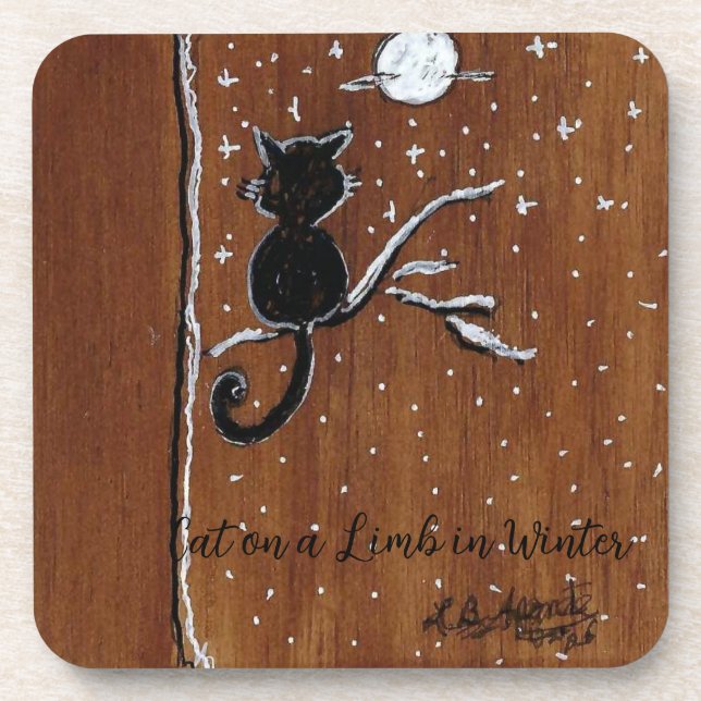 Cat on a Limb in Winter Hard plastic coaster (Front)