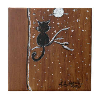 Cat on a Limb with the Moon Ceramic Tile