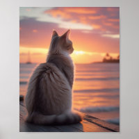 Cat on a Pier with a Sunset and Oceanic Backdrop
