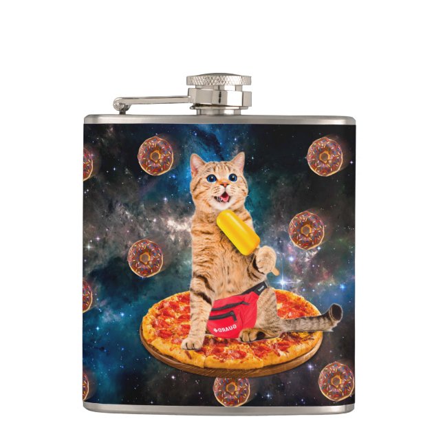 Cat on a pizza eating ice lolly hip flask (Front)