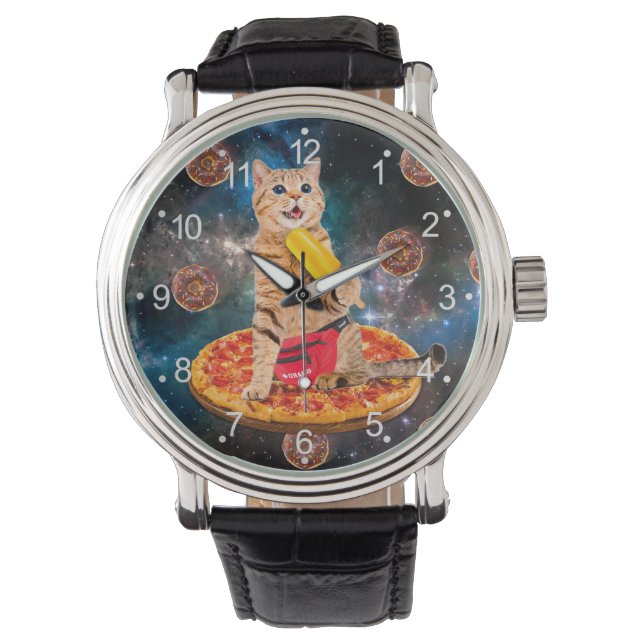 Cat on a pizza eating ice lolly watch (Front)