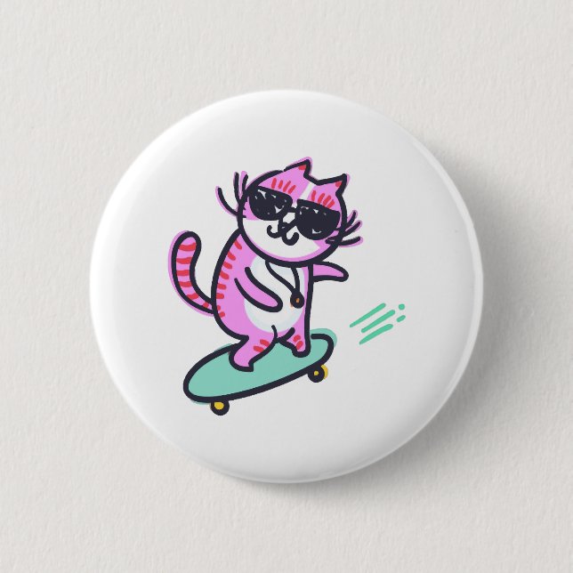 CAT ON A SKATEBOARD 6 CM ROUND BADGE (Front)