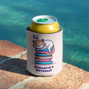 Cat on a Stack of Books Cute Personalised Literary Can Cooler