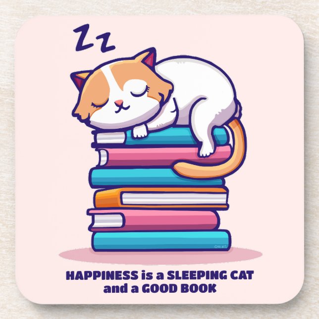 Cat on a Stack of Books Cute Personalised Literary Coaster (Front)