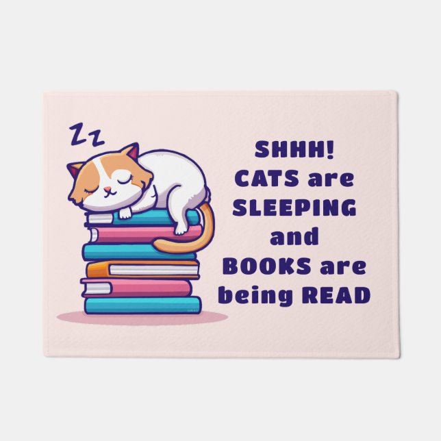 Cat on a Stack of Books Cute Personalised Literary Doormat (Front)