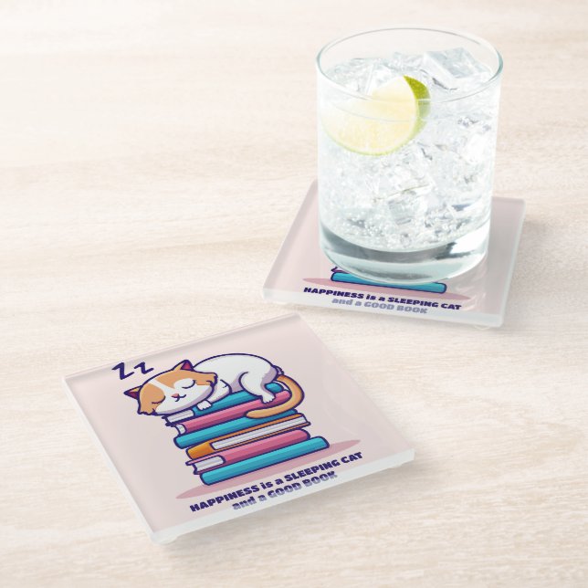 Cat on a Stack of Books Cute Personalised Literary Glass Coaster (Angled)