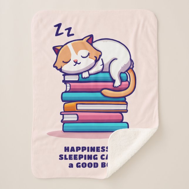 Cat on a Stack of Books Cute Personalised Literary Sherpa Blanket (Front)