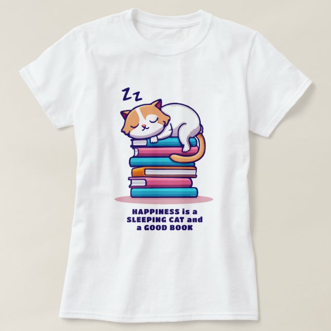 Cat on a Stack of Books Cute Personalised Literary T-Shirt (Design Front)