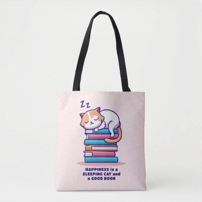 Cat on a Stack of Books Cute Personalised Literary Tote Bag (Front)