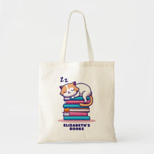 Cat on a Stack of Books Cute Personalised Literary Tote Bag