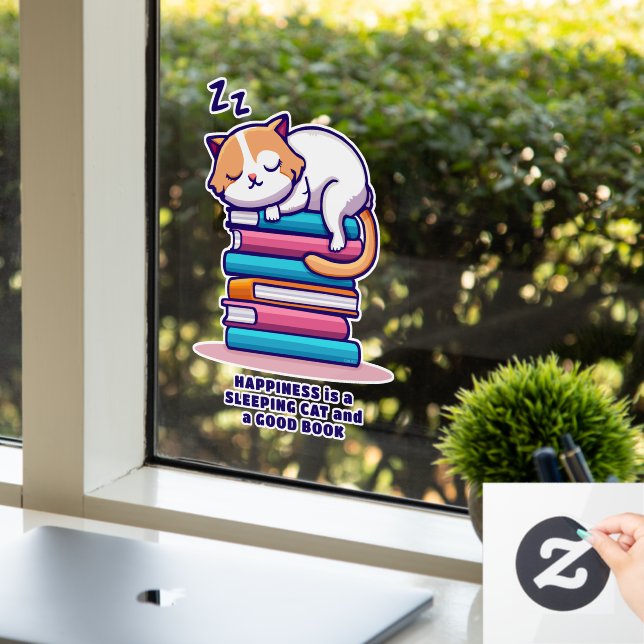 Cat on a Stack of Books Cute Personalised Literary Window Cling (Office)