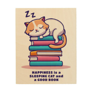 Cat on a Stack of Books Cute Personalised Literary Wood Wall Art