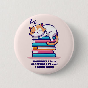 Cat on a Stack of Books Cute Personalized Literary 6 Cm Round Badge