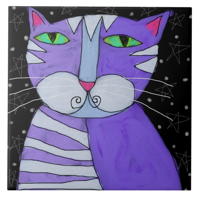 Cat on a Starlit Night Abstract Painting Tile (Front)