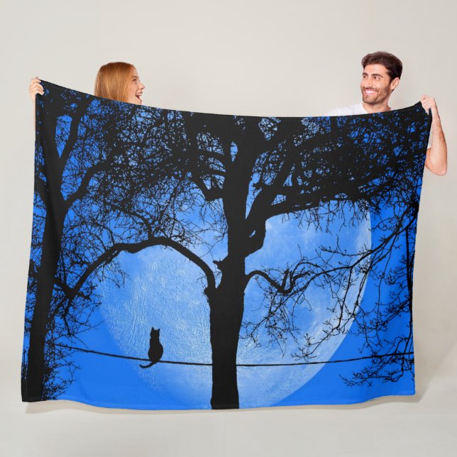 Cat on a Wire Blue Moon Fleece Blanket (In Situ)