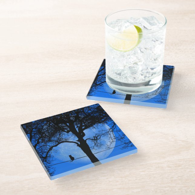 Cat on a Wire Blue Moon Glass Coaster (Angled)