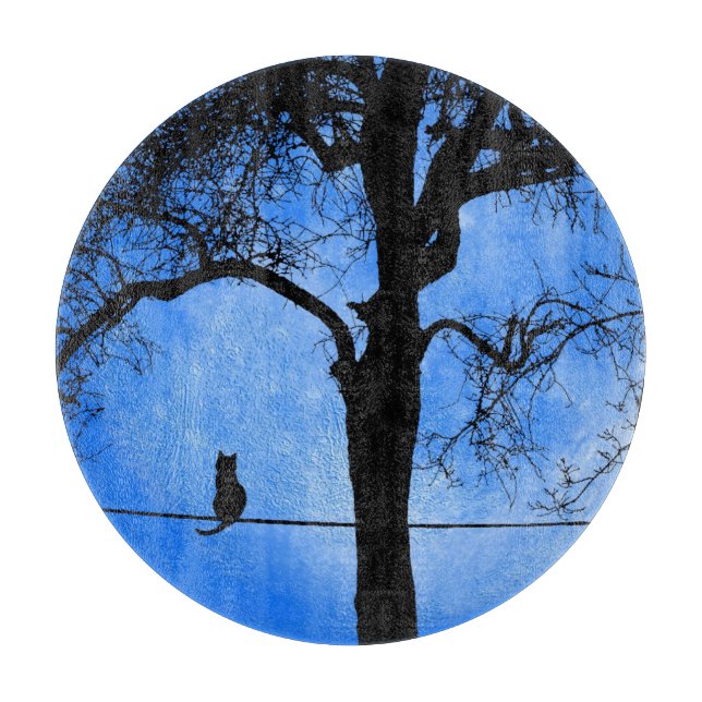 Cat on a Wire Blue Moon Glass Cutting Board (Front)