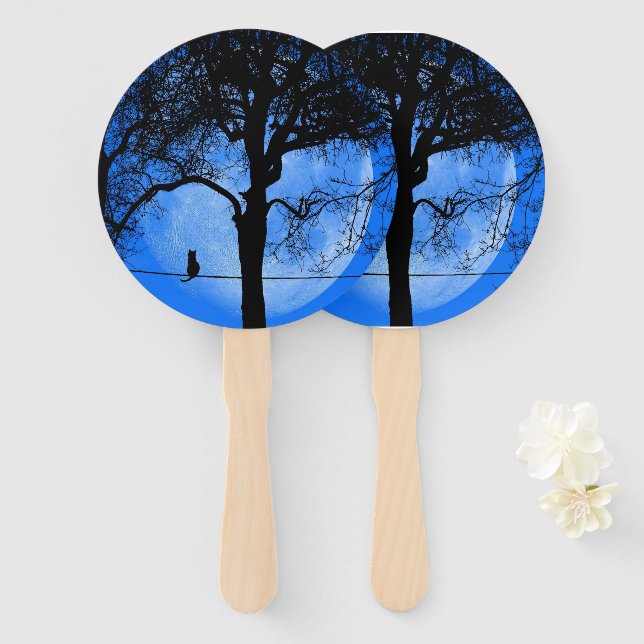 Cat on a Wire Blue Moon Hand Fan (Front and Back)