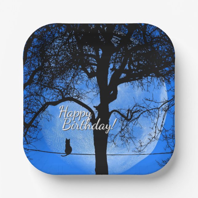 Cat on a Wire Blue Moon Happy Birthday Paper Plate (Front)