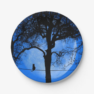 Cat on a Wire Blue Moon Paper Plate