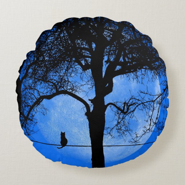 Cat on a Wire Blue Moon Round Cushion (Front)
