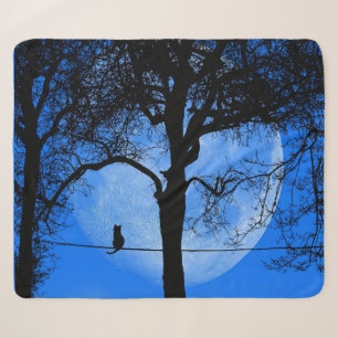 Cat on a Wire Blue Moon Sherpa Blanket