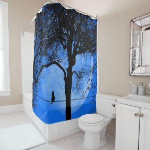 Cat on a Wire Blue Moon Shower Curtain