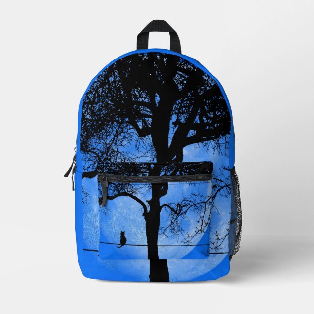 Cat on a Wire Full Blue Moon Printed Backpack (Front)