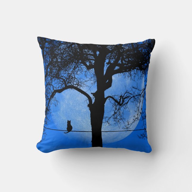 Cat on a Wire Full Moon Blue Cushion (Front)