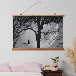 Cat on a Wire Full Moon Hanging Tapestry