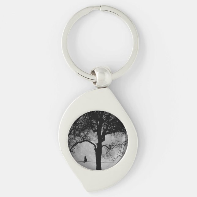 Cat on a Wire Full Moon Key Ring (Front)