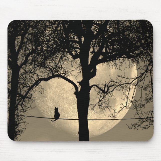 Cat on a Wire Full Moon Mouse Mat (Front)