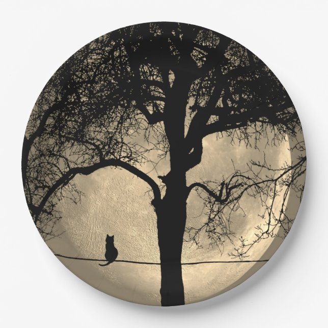 Cat on a Wire Full Moon Paper Plate (Front)