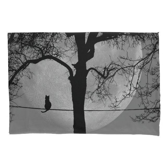 Cat on a Wire Full Moon Pillowcase (Front)