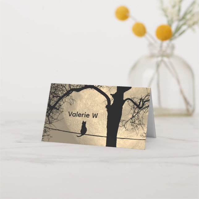 Cat on a Wire Full Moon Place Card (Front)