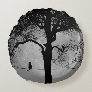 Cat on a Wire Full Moon Round Cushion