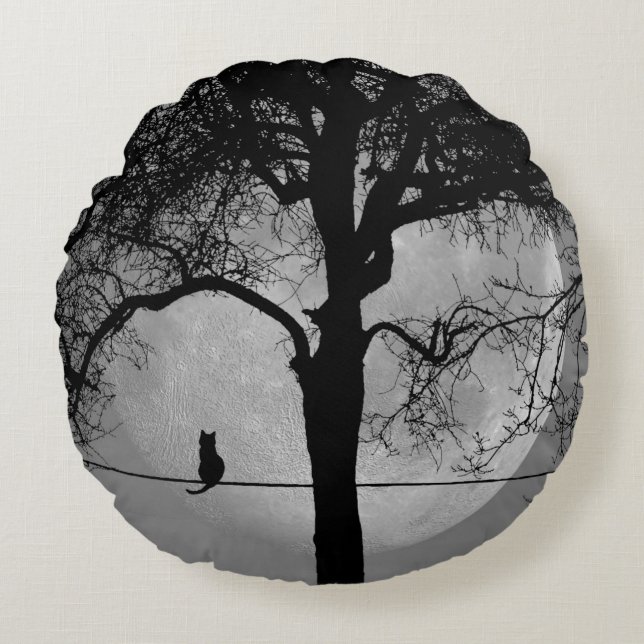Cat on a Wire Full Moon Round Cushion (Front)