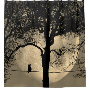 Cat on a Wire Full Moon Shower Curtain