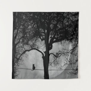 Cat on a Wire Full Moon Tapestry