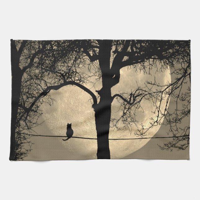Cat on a Wire Full Moon Tea Towel (Horizontal)