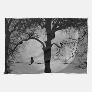 Cat on a Wire Full Moon Tea Towel