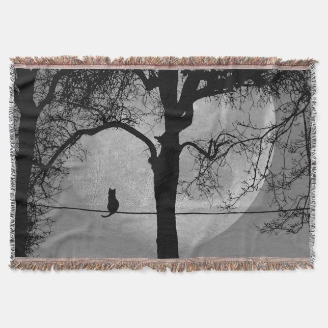 Cat on a Wire Full Moon Throw Blanket (Front)