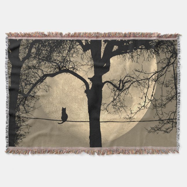 Cat on a Wire Full Moon Throw Blanket (Front)