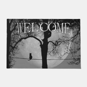 Cat on a Wire Full Moon Welcome Doormat