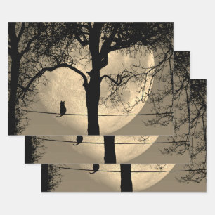 Cat on a Wire Full Moon Wrapping Paper Sheet