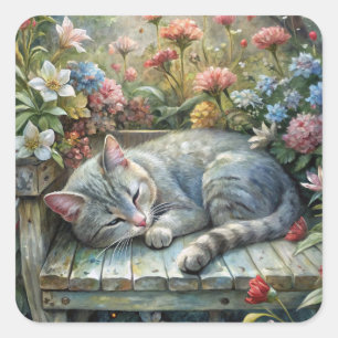 Cat on Bench Square Sticker