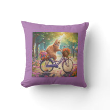 Cat on Bicycle with Colourful Flower Scene Pillow